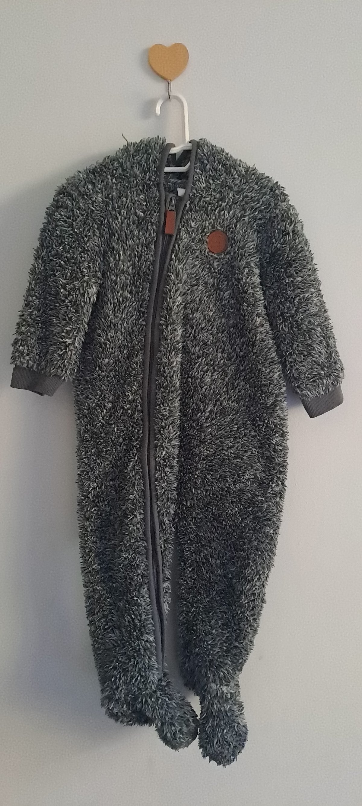 One Two Three Charcoal Grey Plush Fleece Footed Onesie 9-12 Months