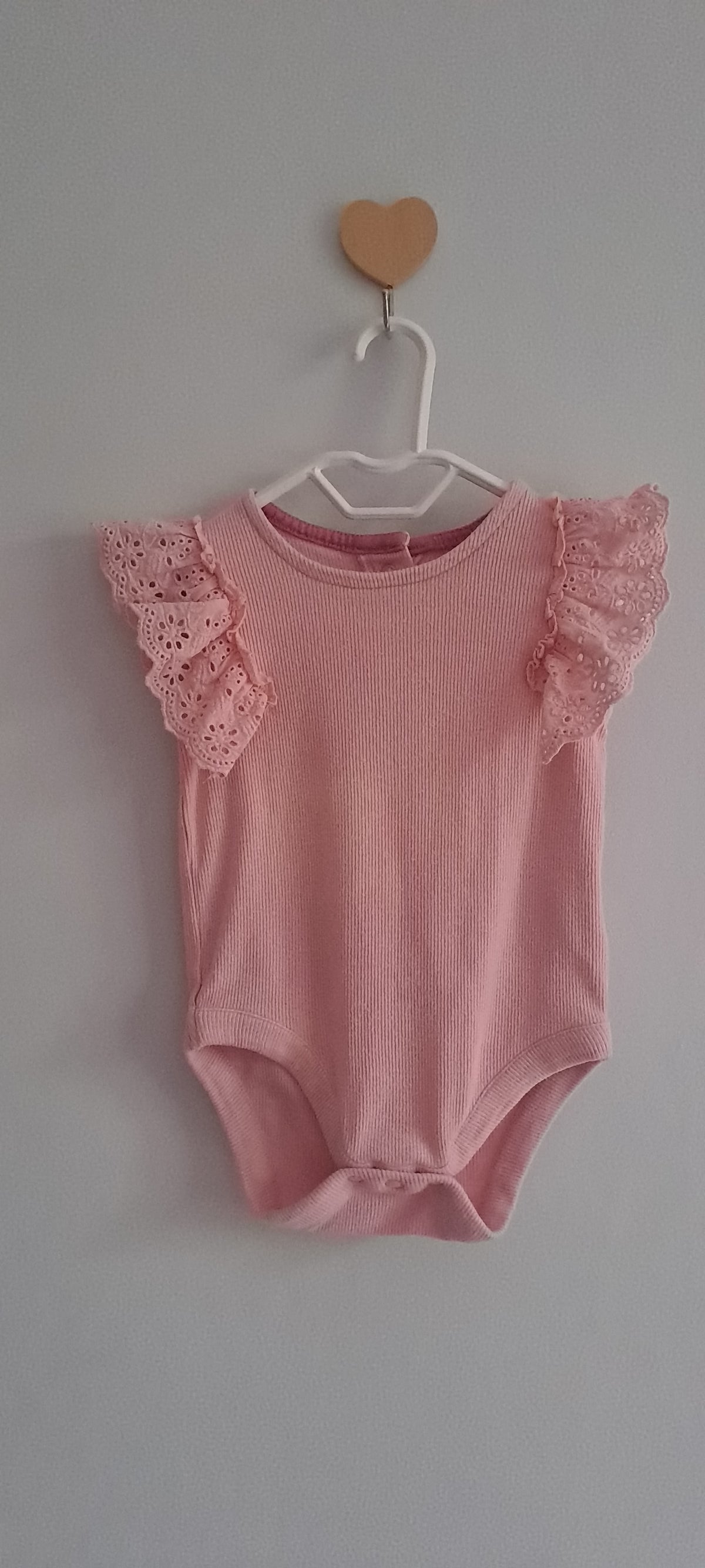 Mothercare Baby Girl Pink Ribbed Bodysuit with Broderie Anglaise Flutter Sleeves 3-6 Months