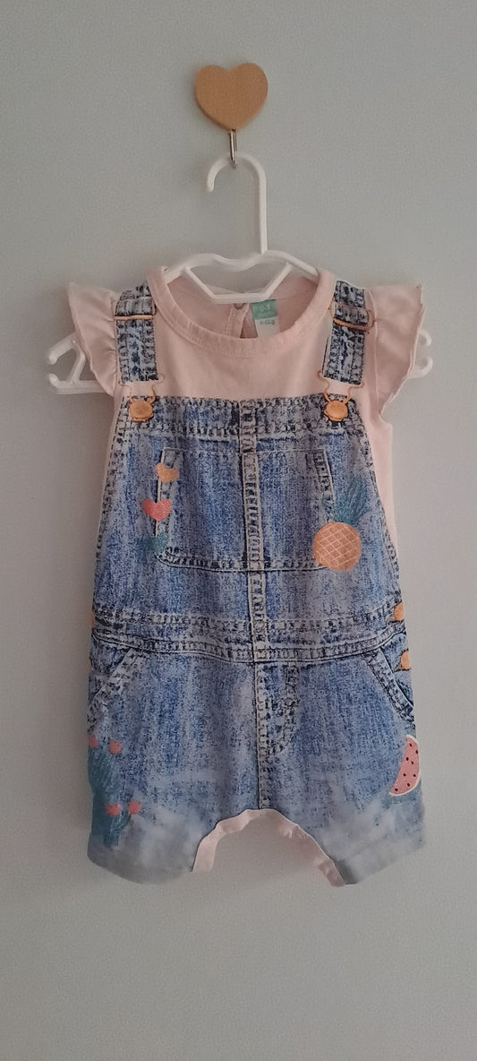 Ackermans Baby Girl Faux Denim Pinafore & Pink Flutter Sleeve 2-in-1 Romper 0-3 Months