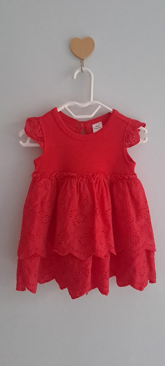 Tiny Tots Baby Girl Bright Red Ribbed & Tiered Broderie Anglaise Dress 0-3 Months