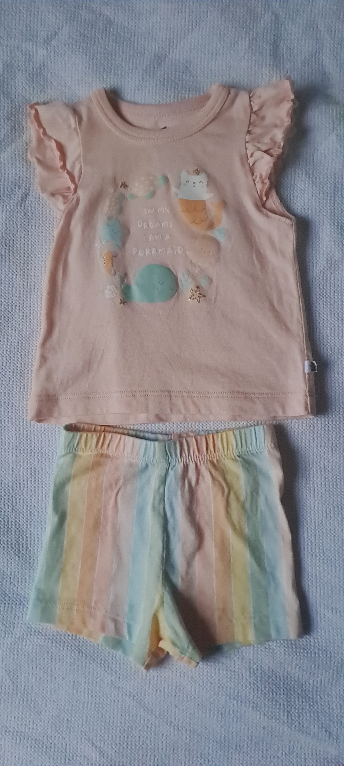 Woolworths Baby Girl "Purrmaid" Flutter Sleeve Pyjama Short Set 3-6 Months