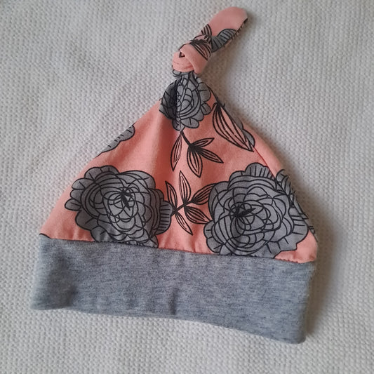Baby Girl Pink & Grey Floral Top Knot Beanie Hat 3-6 Months / Width 18 cm