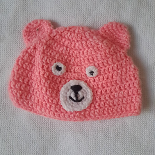 Baby Girl Pink Hand-Crochet Teddy Bear Beanie Hat with 3D Ears 6-12 Months