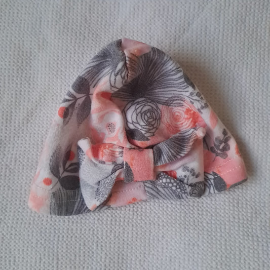 Baby Girl Pink & Grey Floral Jersey Beanie Hat with Bow 0-3 Months / Width 17 cm