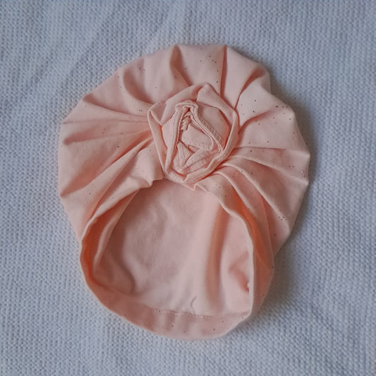 Baby Girl Soft Peach Glitter Ribbed Turban Beanie Hat with Donut Knot 3-6 Months / Width 18 cm