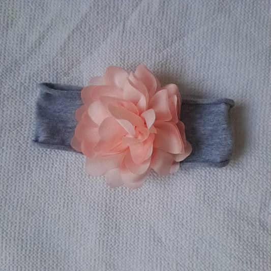 Baby Girl Grey Jersey Headband with Oversized Peach Chiffon Flower 1-3 Months