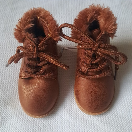 Baby Unisex Shimmering Tan Faux Leather Lace-Up Boots with Faux Fur Trim Size 1