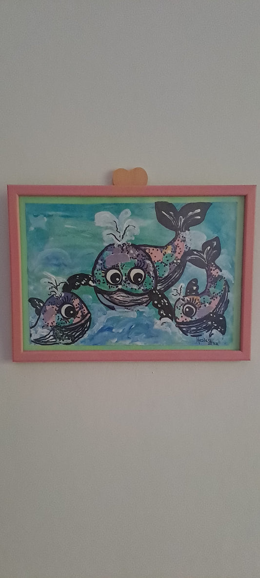 One-of-a-Kind Original Handmade Whale Family Nursery Mixed Media Painting (30 cm x 21 cm)