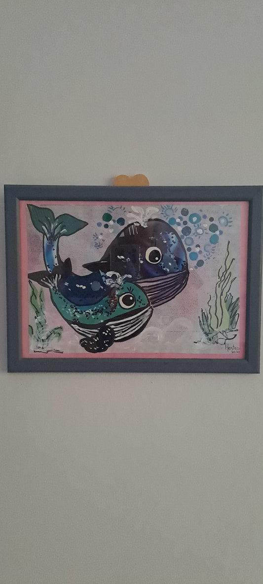 One-of-a-Kind Original Handmade Whale Pair Nursery Mixed Media Painting (30 cm x 21 cm)