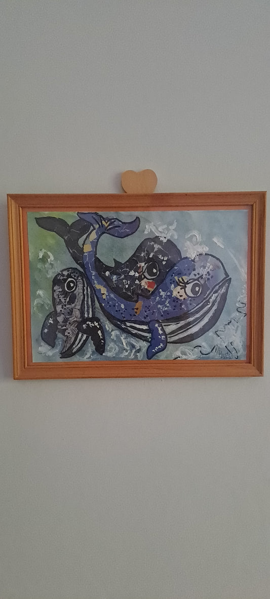 One-of-a-Kind Original Handmade Deep Sea Whale Family Nursery Mixed Media Painting (30 cm x 21 cm)