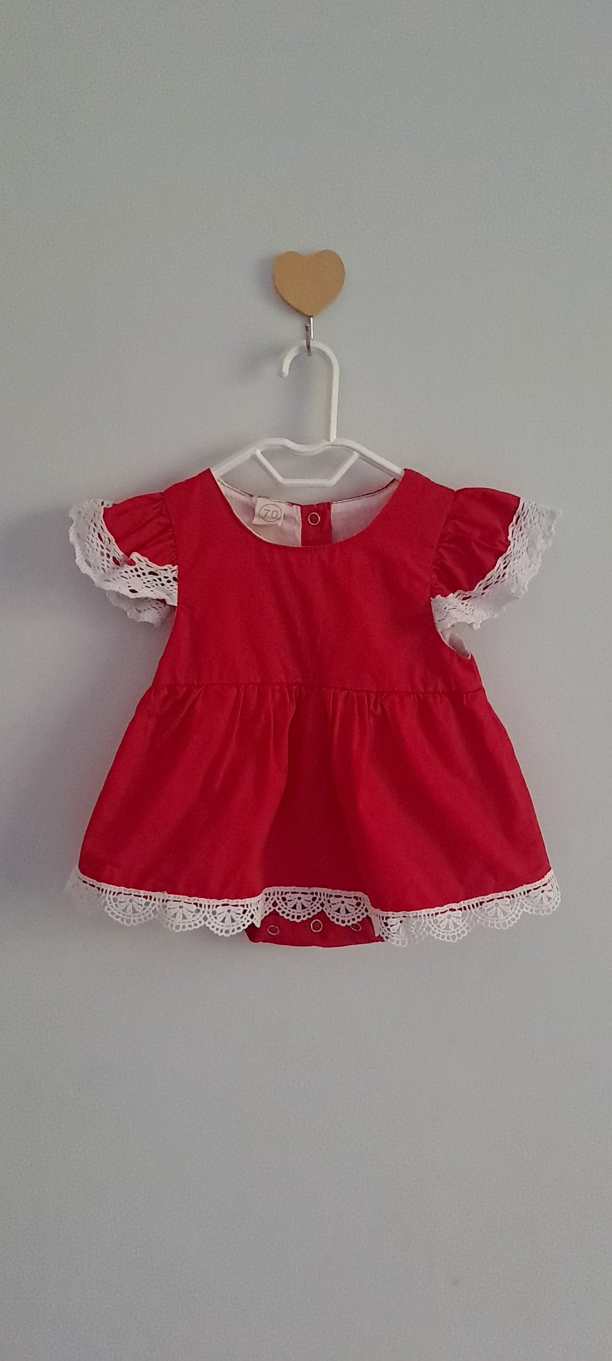 Baby Girl Bright Red Lace-Trimmed Flutter Sleeve Dress Romper (Size 70 / 3-6 Months)