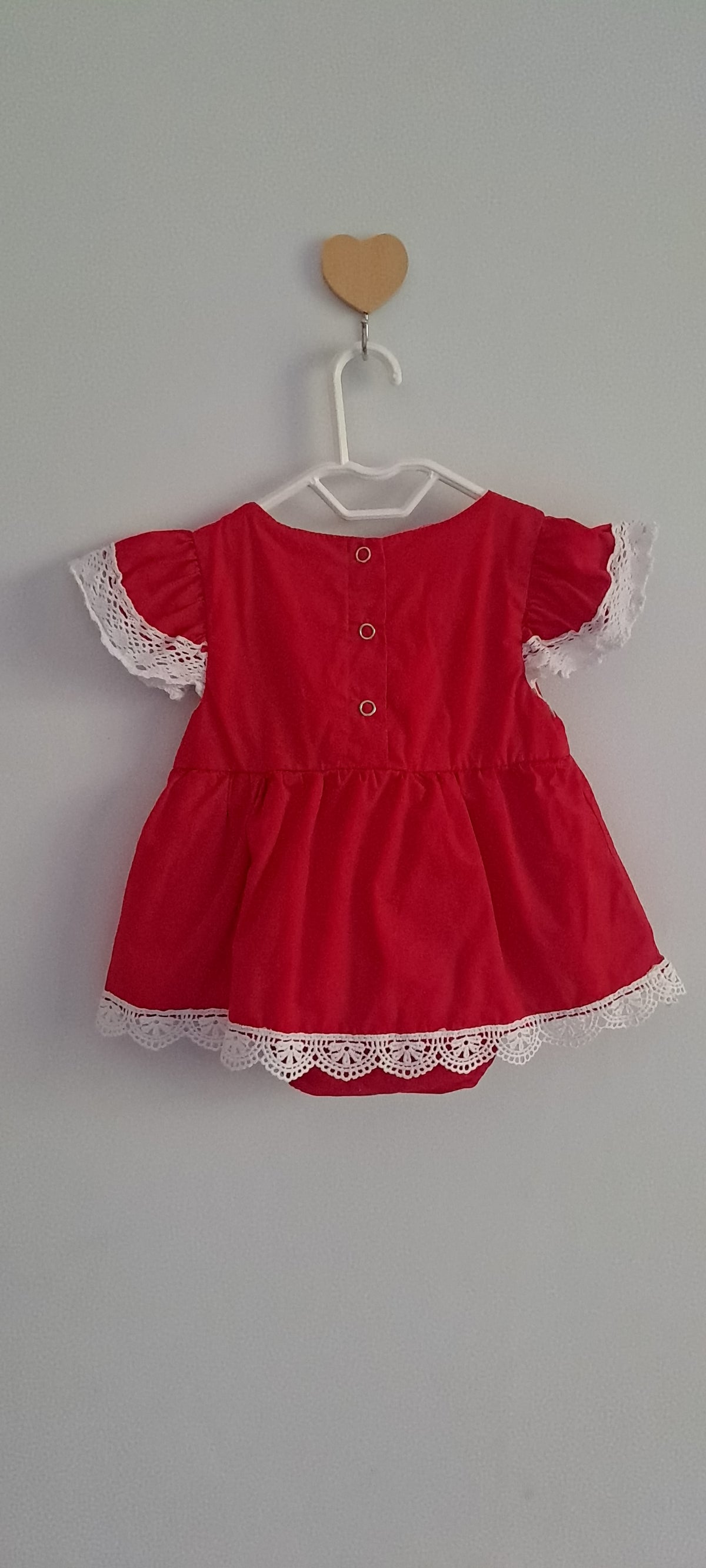 Baby Girl Bright Red Lace-Trimmed Flutter Sleeve Dress Romper (Size 70 / 3-6 Months)